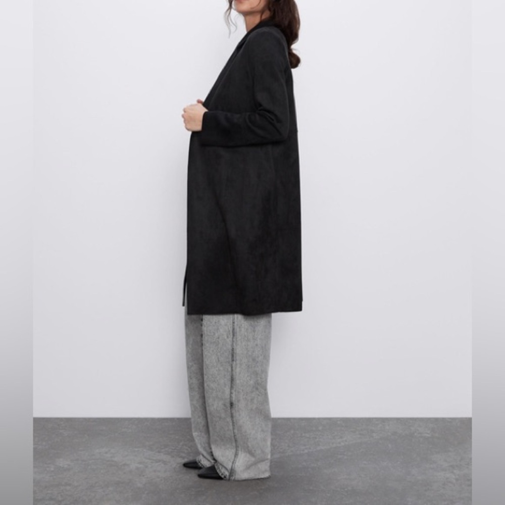 ZARA black faux suede midi Blazer Coat size small - Picture 8 of 12